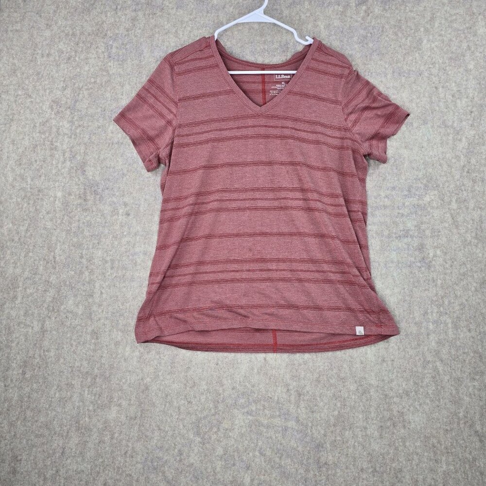L.L. Bean Womens XL Red Striped Short Sleeve V-Neck Shirt Polyester Rayon Blend